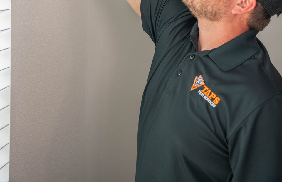 Taps Pest Services technician treating a kitchen for German cockroaches in Riverview, FL