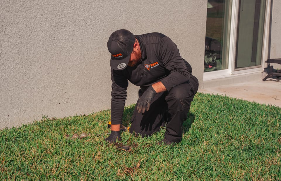 Taps Pest Services technician inspecting a Riverview, FL lawn for moles and voles