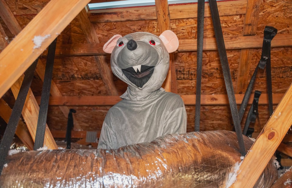 Taps Pest Services rat mascot in a Riverview, FL attic - professional raccoon, opossum, squirrel & wildlife removal and exclusion