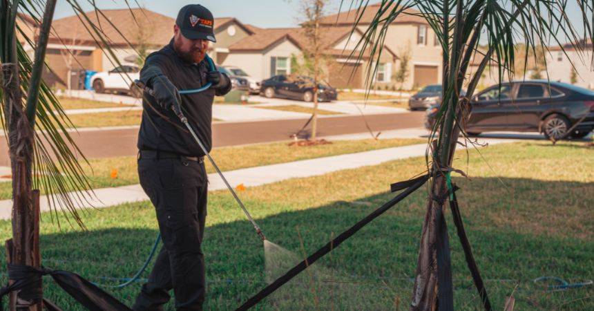 termite identification in Florida. Pest control technician treating a Florida home's yard to prevent termite infestations, applying targeted exterior protection around the property.