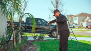Spring Pest Control In Florida: Pest Prevention Tips 4 Technician performing spring pest control in Florida residential yard