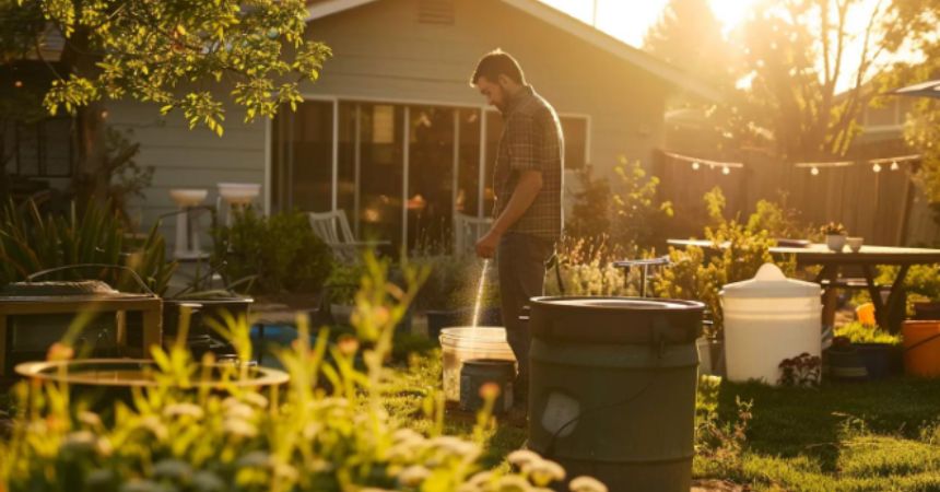 Mosquito Control In Florida | Keep Mosquitoes Away From Your Yard This Summer 1 a meticulously organized backyard shows a homeowner inspecting various containers for standing water, with bright sunlight highlighting the effort to eliminate mosquito breeding spots, surrounded by a clean and orderly landscape for mosquito control in florida