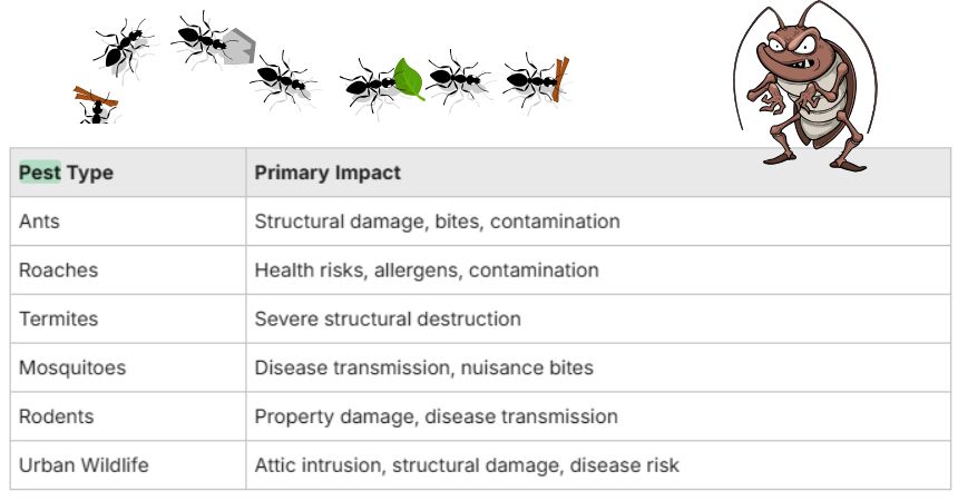 Pest Control In Apollo Beach. Chart of common pests in Apollo Beach, Florida, including ants, roaches, termites, mosquitoes, rodents, and urban wildlife with their primary impacts on homes and businesses.