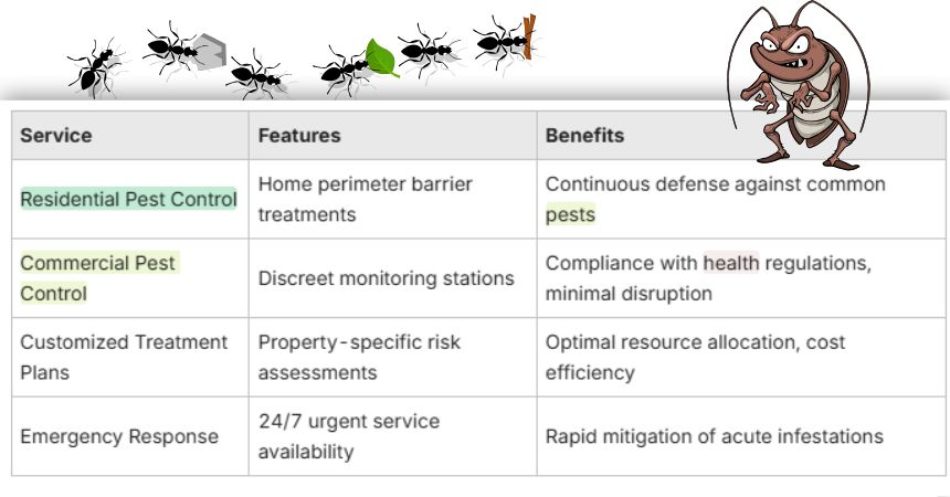 pest Control in Dover Comparison chart of tailored pest control services in Dover, Florida, showing residential pest control, commercial pest control, customized treatment plans, and emergency response by Taps Pest Services.