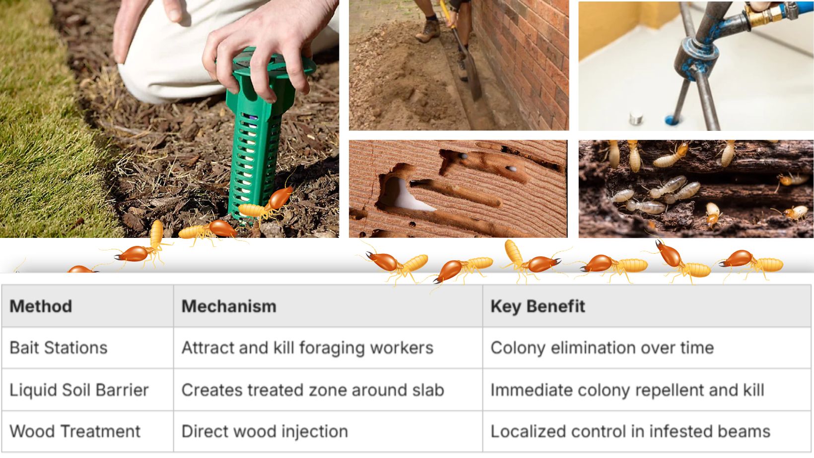 Pest Control in Bloomingdale florida Effective termite control Bloomingdale FL — bait stations, soil barrier, wood injections and method table
