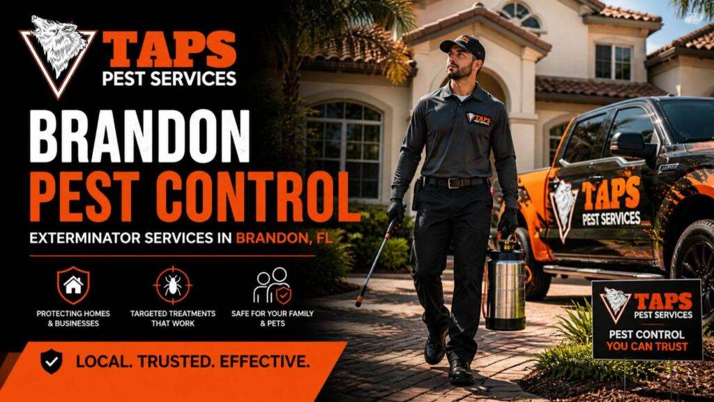 Brandon pest control exterminator performing pest services in Brandon FL with TAPS Pest Services technician and truck