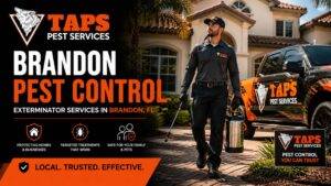 Brandon pest control exterminator performing pest services in Brandon FL with TAPS Pest Services technician and truck