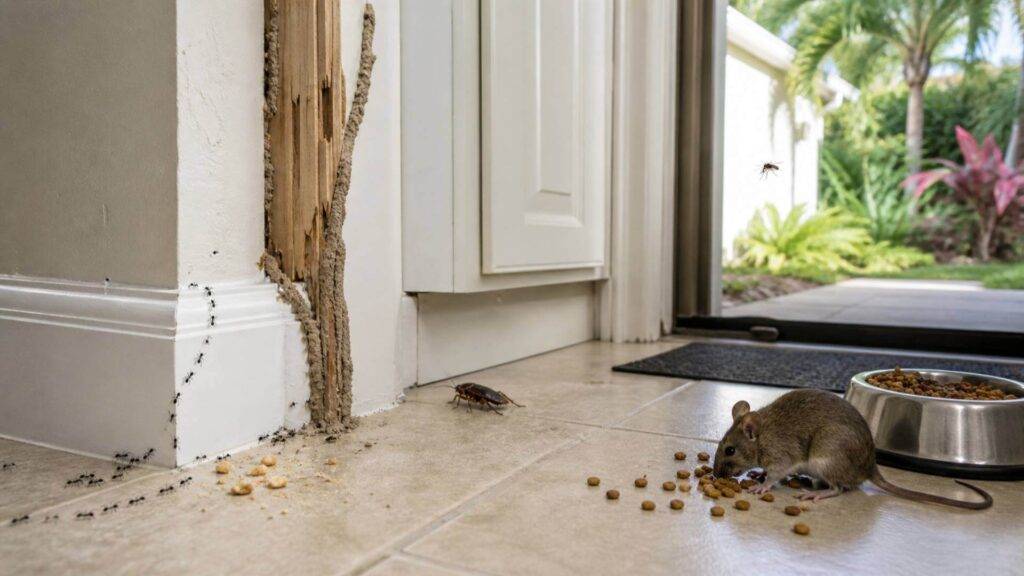 Common pests in Wimauma, FL including ants, roaches, termites, mosquitoes, and rodents attracted by food and moisture