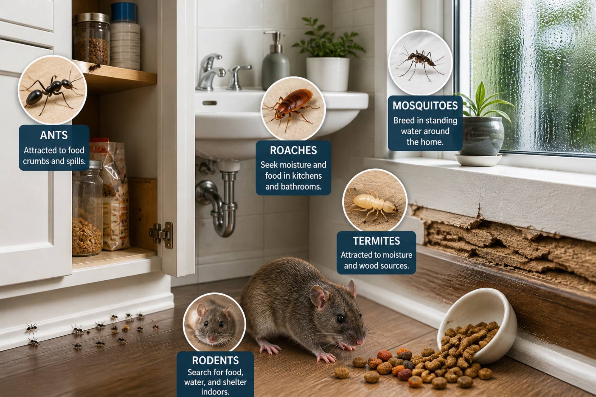 Common pests in Wimauma, FL infographic showing ants, roaches, termites, mosquitoes, and rodents attracted by food and moisture