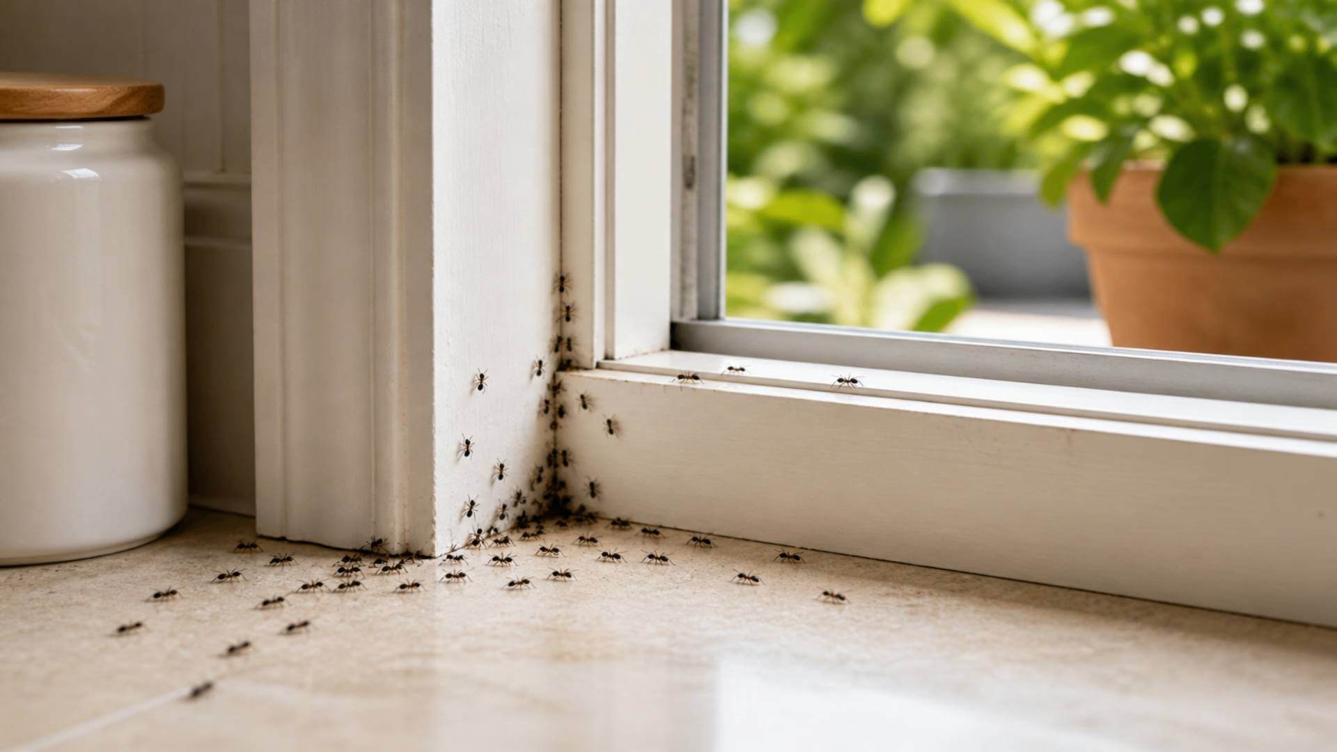 Wimauma ant control showing ants entering through an interior window corner