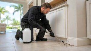Wimauma ant control technician treating ant activity along kitchen cabinets