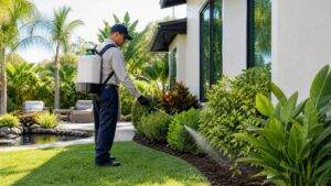 Wimauma mosquito control technician treating shrubs and yard areas around a Florida home