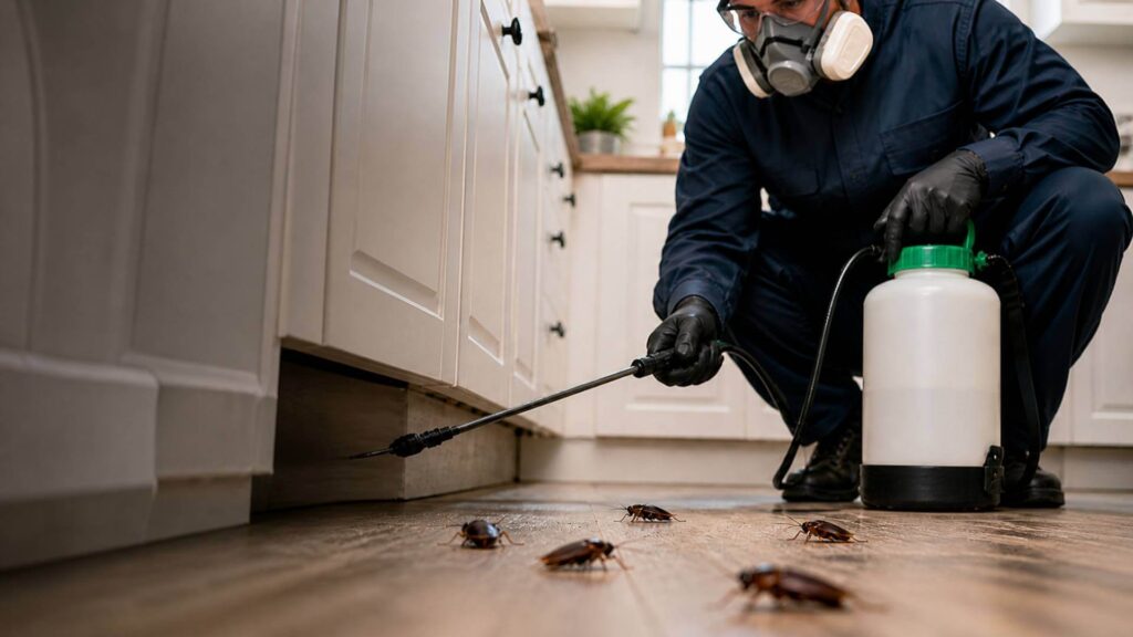 Wimauma roach control technician treating a kitchen for cockroach activity
