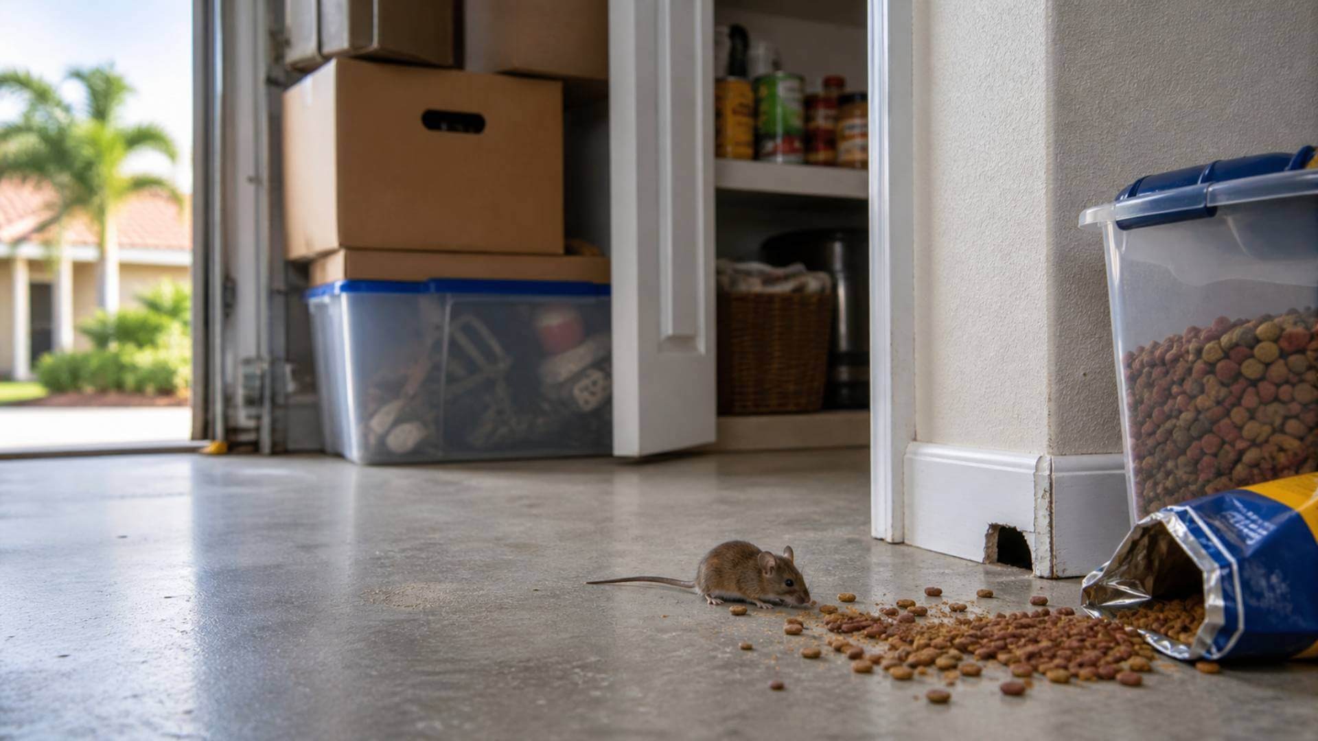 Wimauma rodent control image showing spilled pet food and entry points that attract mice into a home