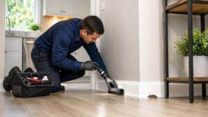 Wimauma rodent control technician setting a trap near a wall where mouse activity is present