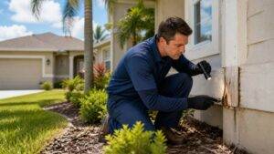 Wimauma termite control inspection at a Florida home exterior