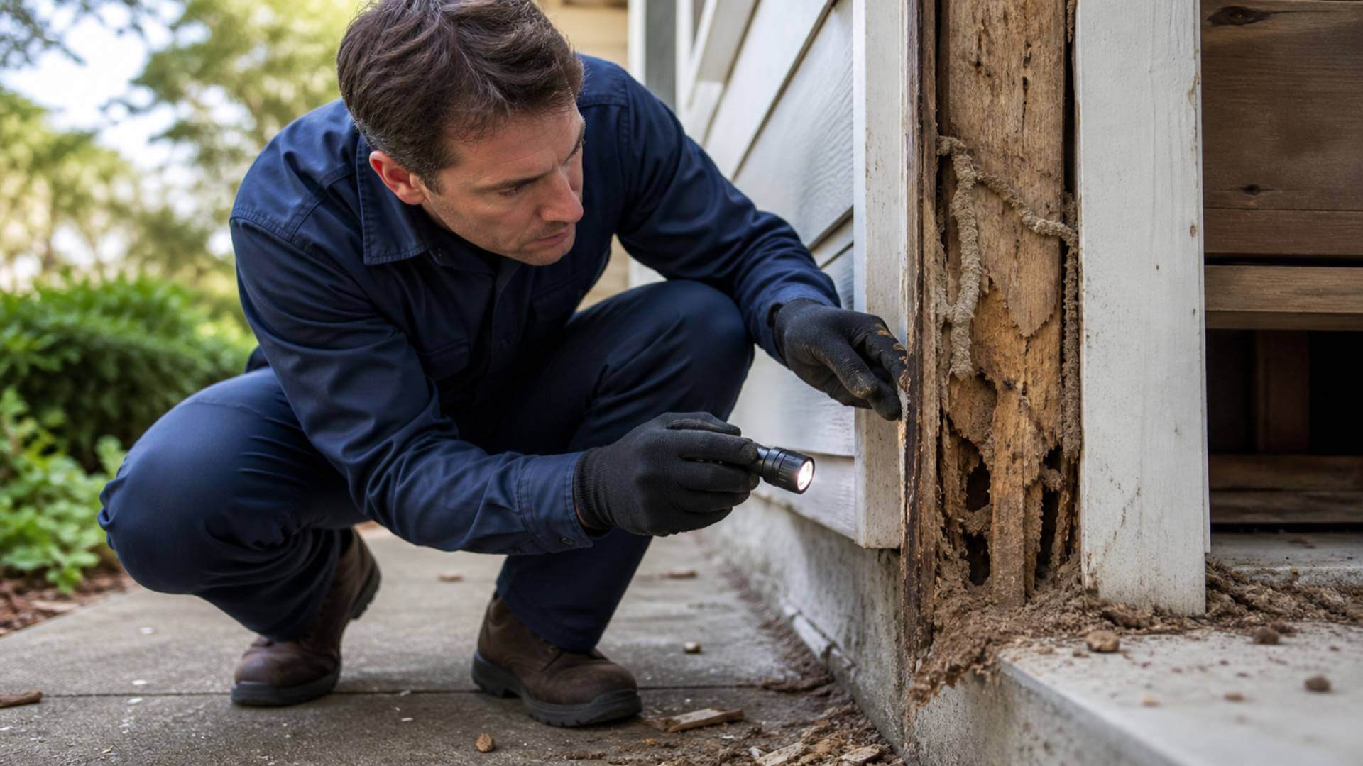 Wimauma termite control technician inspecting damaged wood and termite activity