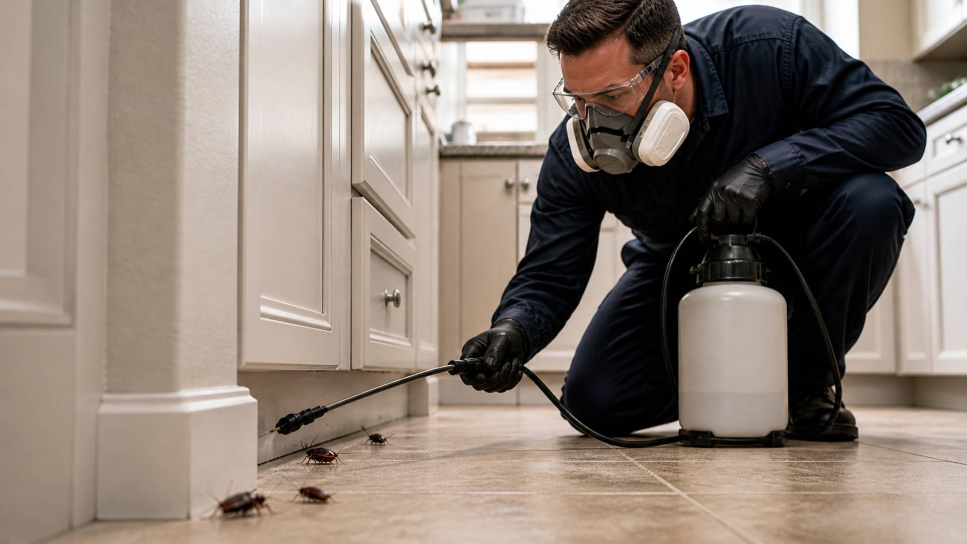 Wimauma roach control treatment being applied along kitchen baseboards for cockroach activity