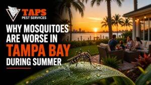 Why mosquitoes are worse in Tampa Bay during summer shown with mosquito close up in Tampa FL backyard at sunset