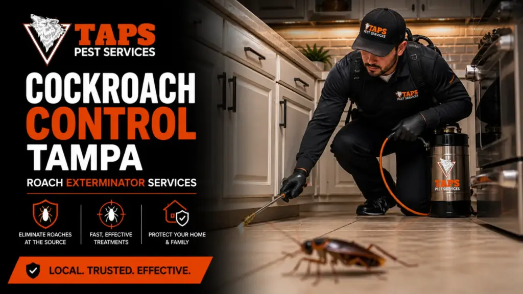 cockroach control Tampa technician performing roach exterminator services in Tampa FL kitchen with TAPS Pest Services