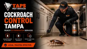 cockroach control Tampa technician performing roach exterminator services in Tampa FL kitchen with TAPS Pest Services