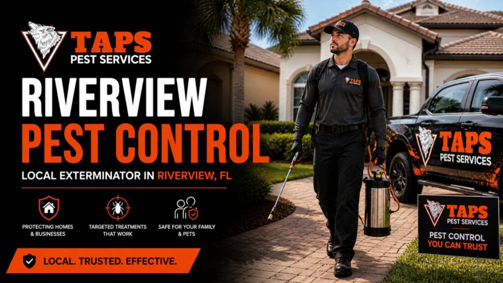 Riverview pest control technician performing exterminator services in Riverview FL with TAPS Pest Services truck and equipment