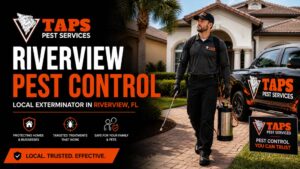 Riverview pest control technician performing exterminator services in Riverview FL with TAPS Pest Services truck and equipment
