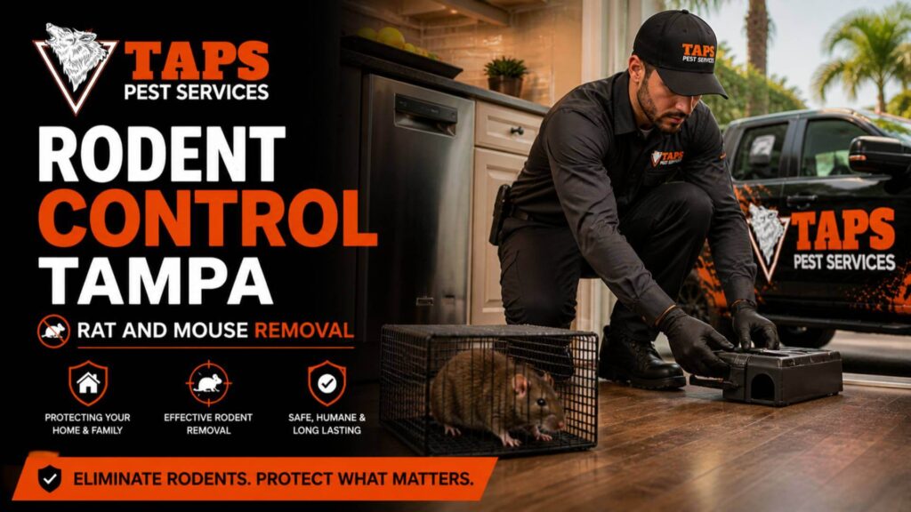 Rodent control Tampa technician performing rat and mouse removal in Tampa FL with TAPS Pest Services in residential home