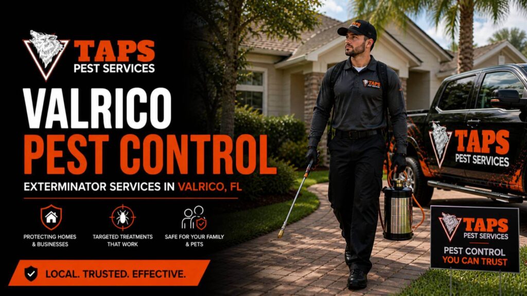 Valrico pest control technician performing exterminator services in Valrico FL with TAPS Pest Services truck and equipment