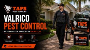 Valrico pest control technician performing exterminator services in Valrico FL with TAPS Pest Services truck and equipment