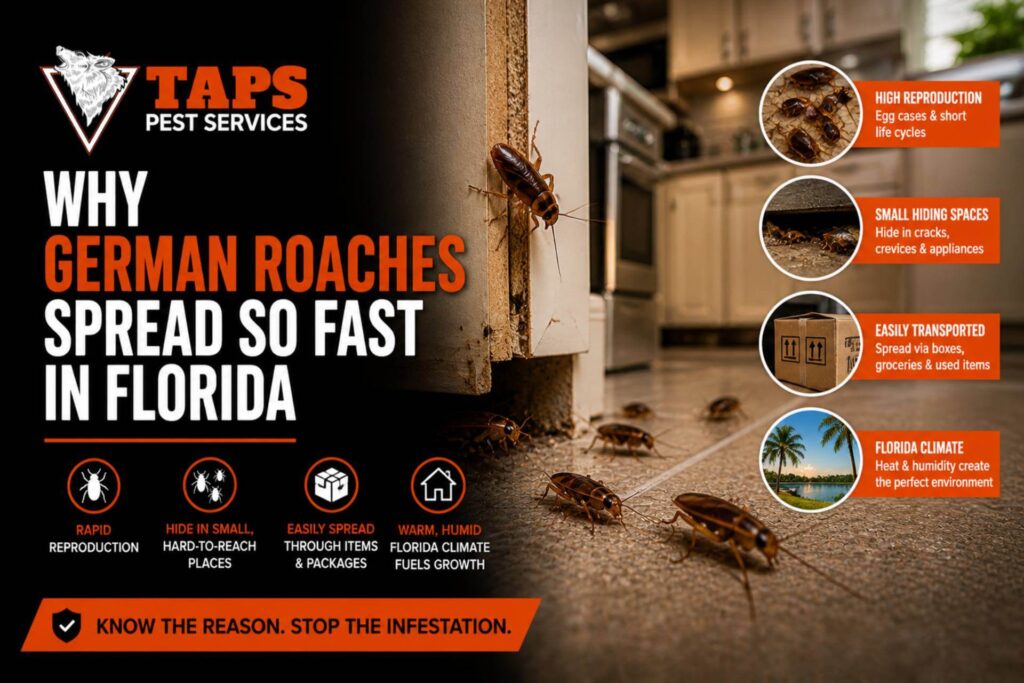 Why German roaches spread so fast in Florida shown with cockroaches in kitchen and infestation conditions in Florida homes